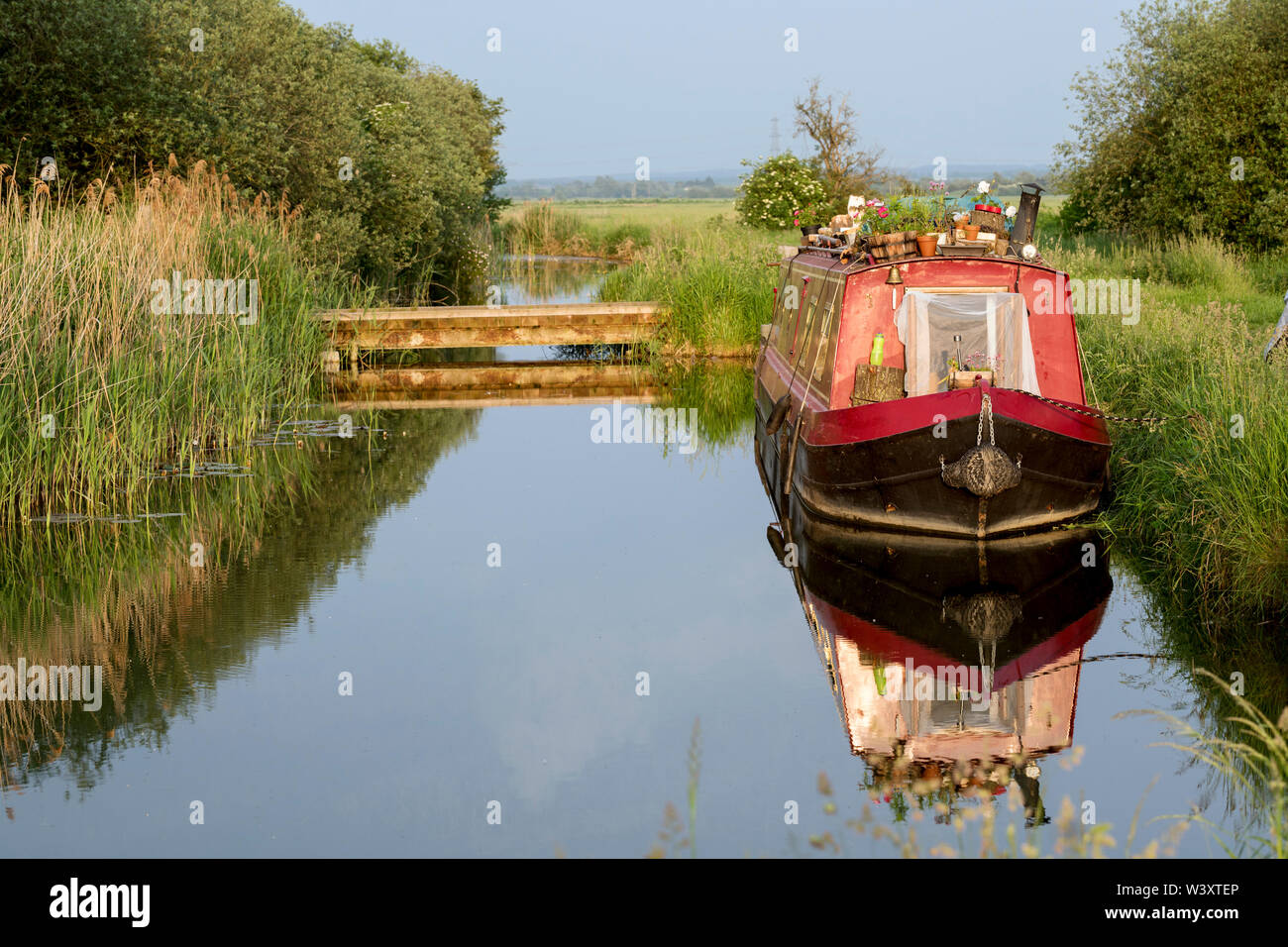 Wicken Lode; Canal Boat; Cambridgeshire; UK Stock Photo