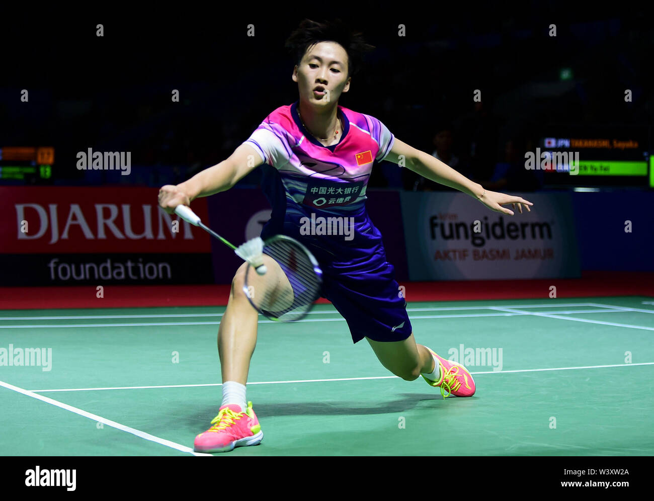 Jakarta. 18th July, 2019. Chen Yufei competes during the women's singles  second round match between Chen Yufei of China and Sayaka Takahashi of  Japan at the Indonesia Open 2019 badminton tournament in