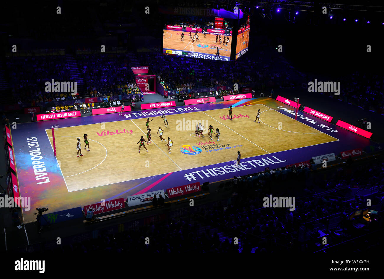 General view of match action between Zimbabwe and Malawi during the Netball World Cup match at the M&S Bank Arena, Liverpool. Stock Photo