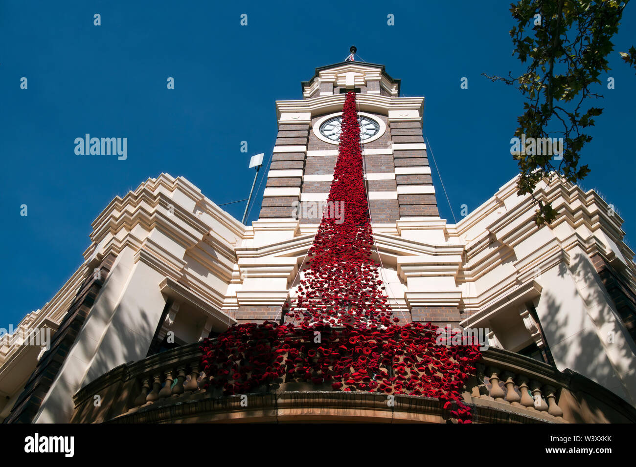 Narrandera Australia, Shire Council building with cascade of crocheted/knitted poppies for Anzac memorial services Stock Photo