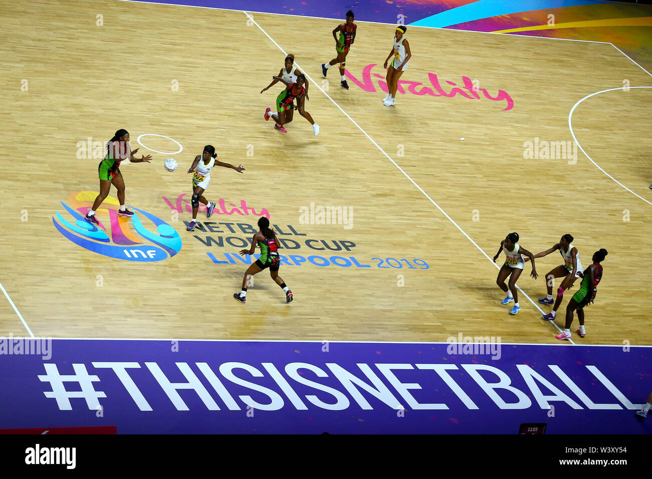 General view of match action between Zimbabwe and Milawi during the netball World Cup match at the M&S Bank Arena, Liverpool. Stock Photo