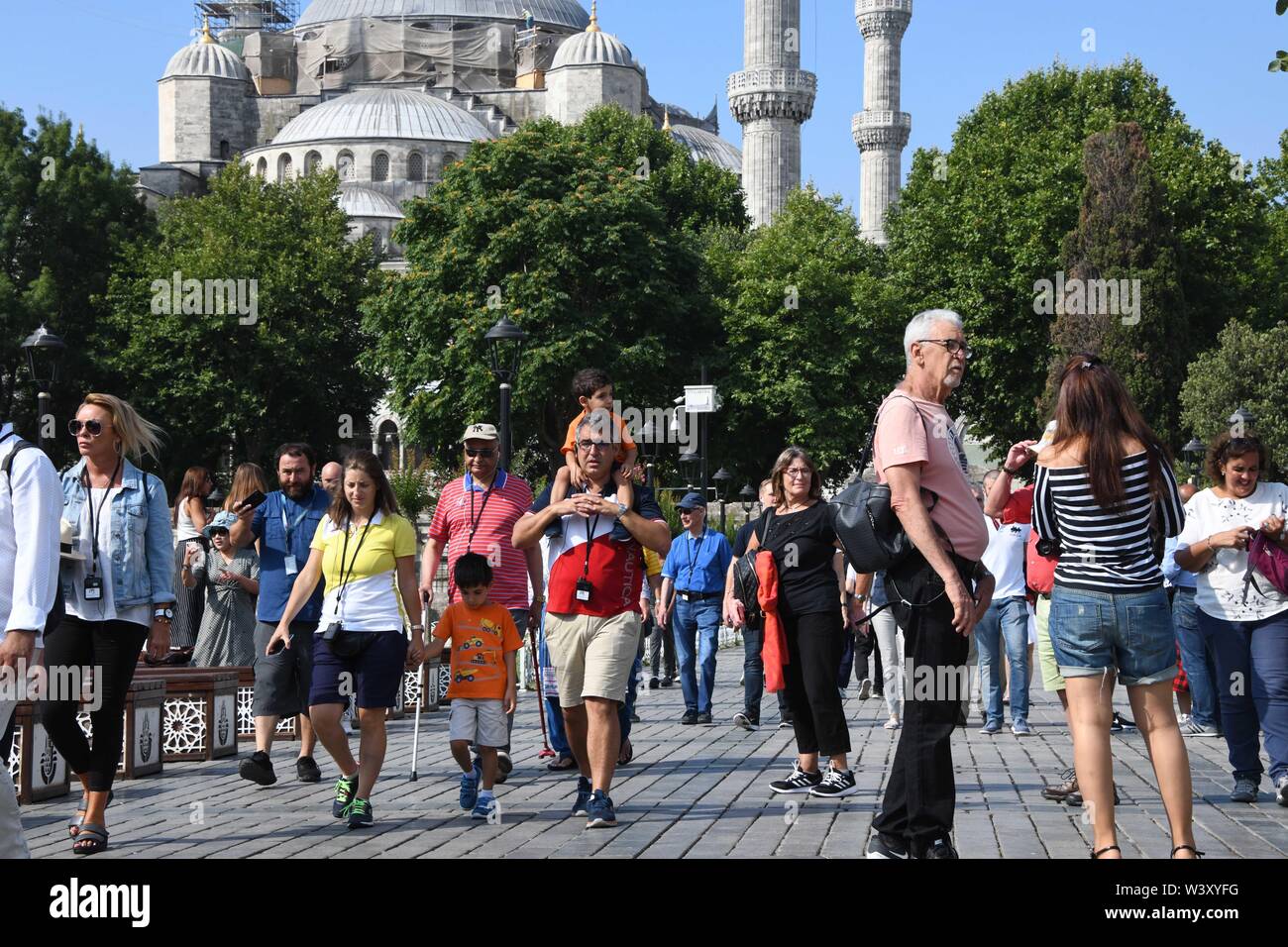 Istanbul, Turkey. 6th July, 2019. Tourists visit the Sultanahmet Square in  Istanbul, Turkey, July 6, 2019. Turkey's biggest city Istanbul allured a  record number of tourists during the first five months of