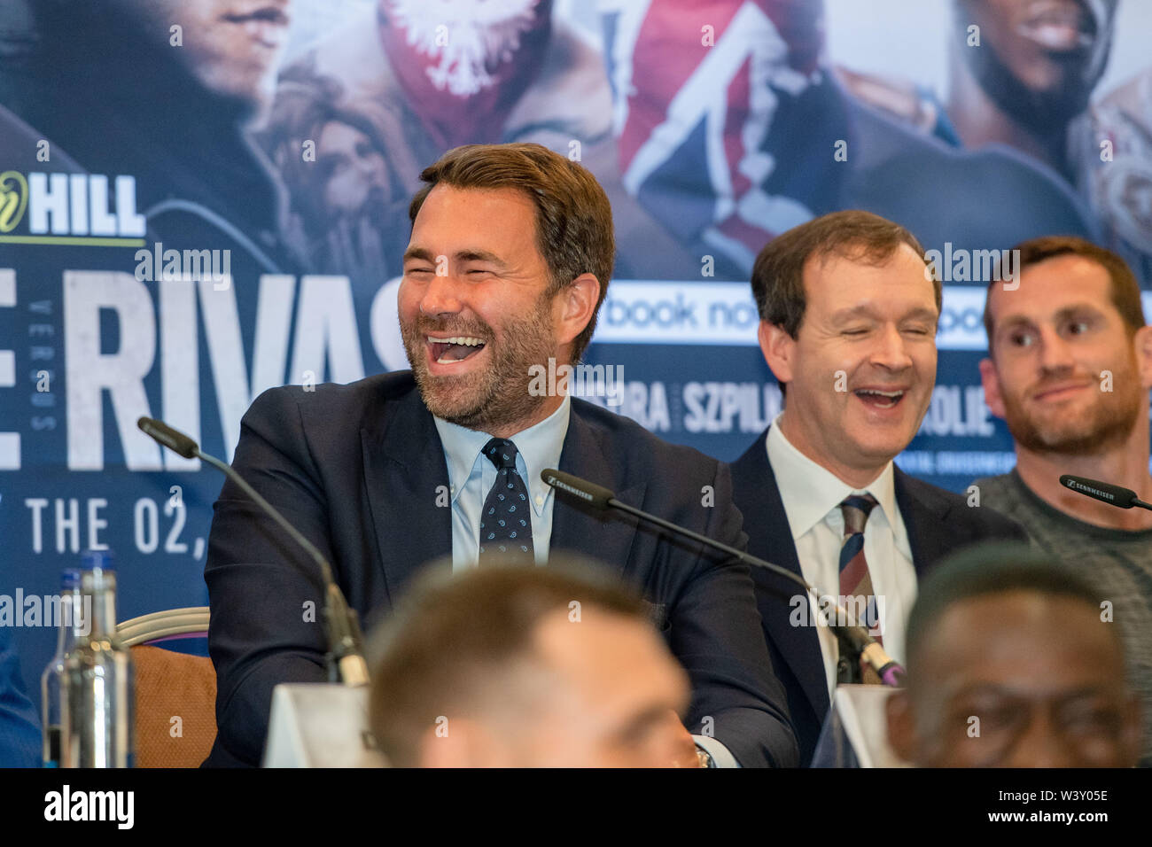 LONDON, UNITED KINGDOM. 18th Jul, 2019. Eddie Hern (lift), Adam Smith (centre) and David Pricey (right) during Matchroomboxing presents Dillian Whyte vs Oscar Rivas Press Conference at Canary Riverside Plaza Hotel on Thursday, July 18, 2019 in LONDON, ENGLAND.  (Editorial use only, license required for commercial use. No use in betting, games or a single club/league/player publications.) Credit: Taka G Wu/17�Թ����� Live News Stock Photo