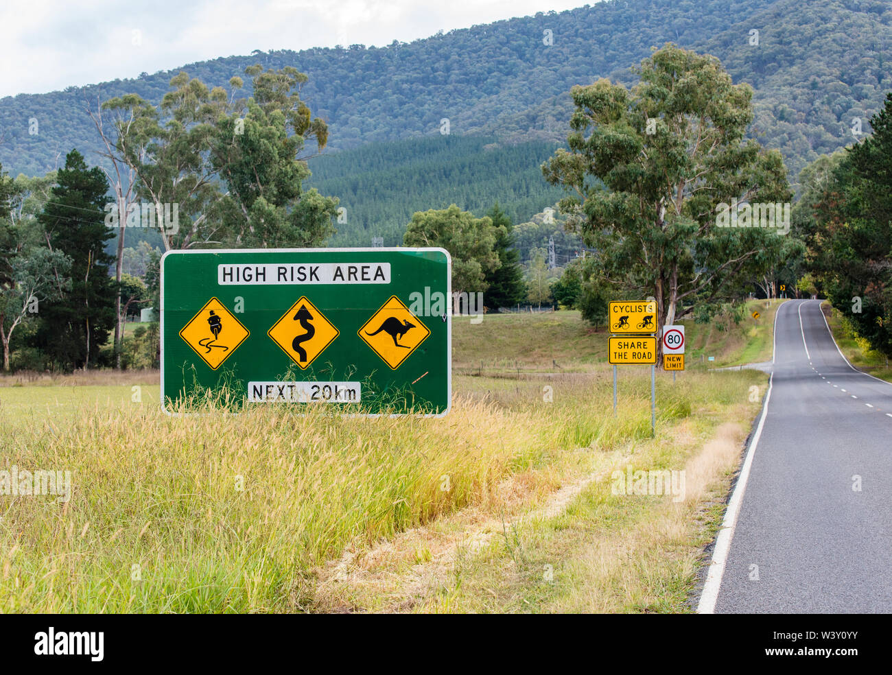 Variety of Australian road signs including high risk area, cyclists