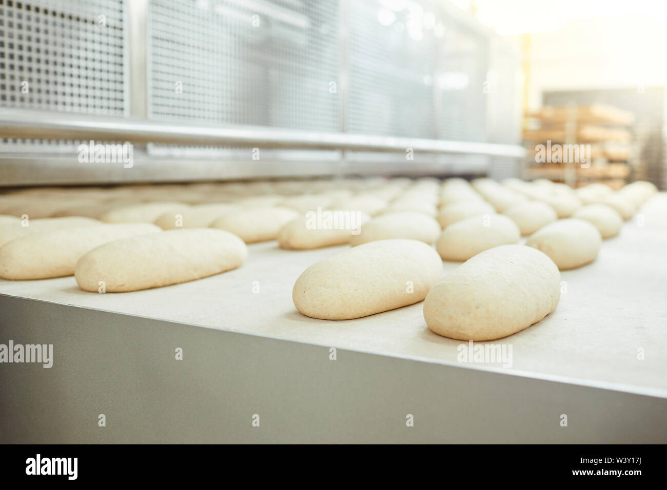 Raw bread is making on the automatic equipment line in the bakery ...