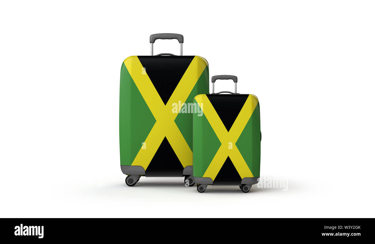 Jamaica flag holiday destination travel suitcases isolated on white. 3D