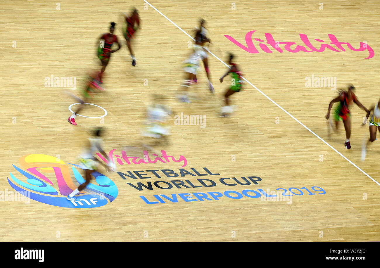 General view of match action between Zimbabwe and Malawi during the Netball World Cup match at the M&S Bank Arena, Liverpool. Stock Photo