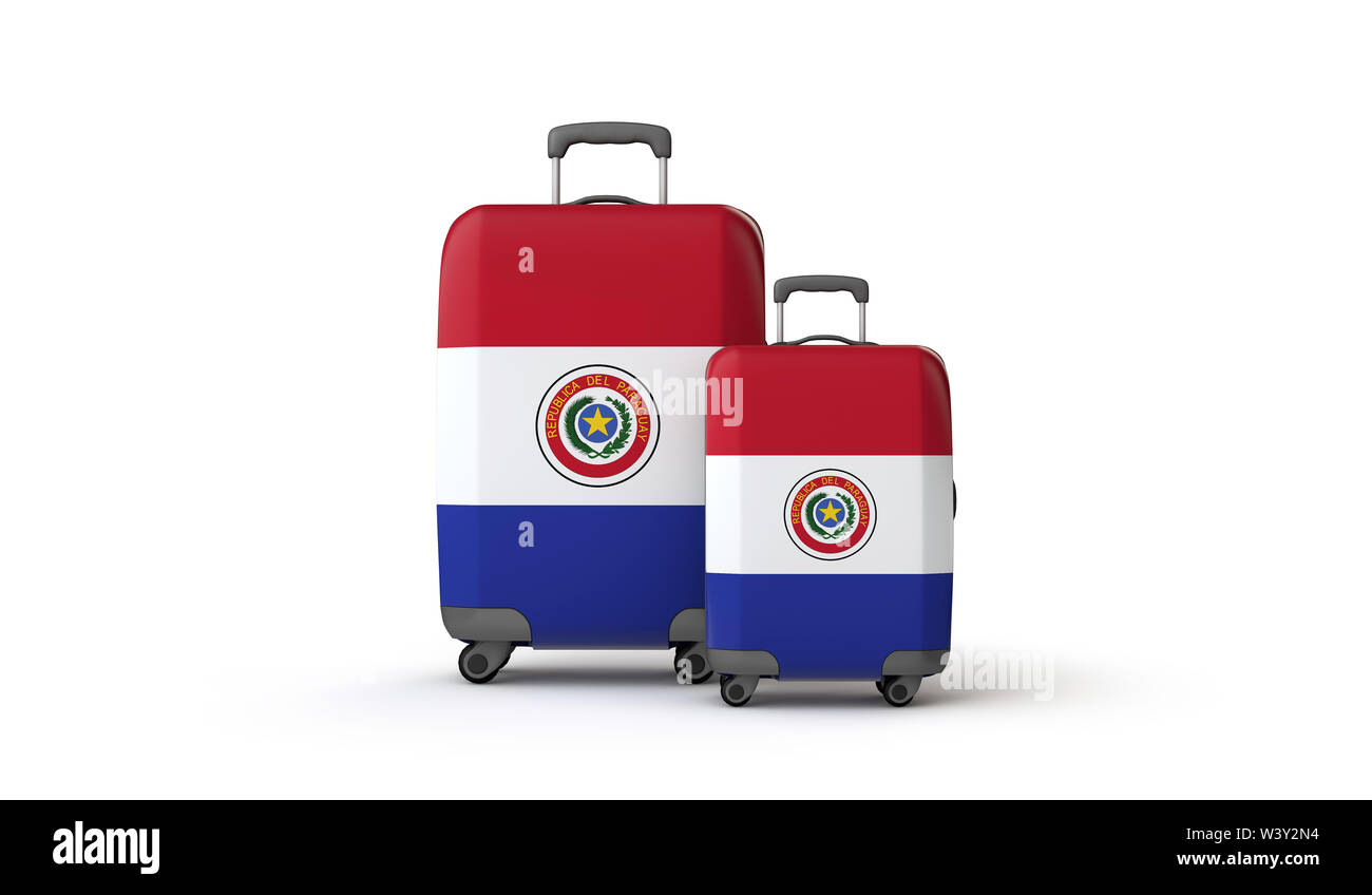 Paraguay flag holiday destination travel suitcases isolated on white. 3D Render Stock Photo