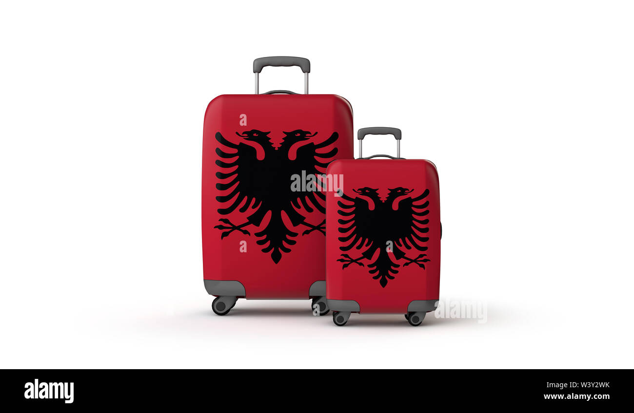 Albania flag holiday destination travel suitcases isolated on white. 3D Render Stock Photo
