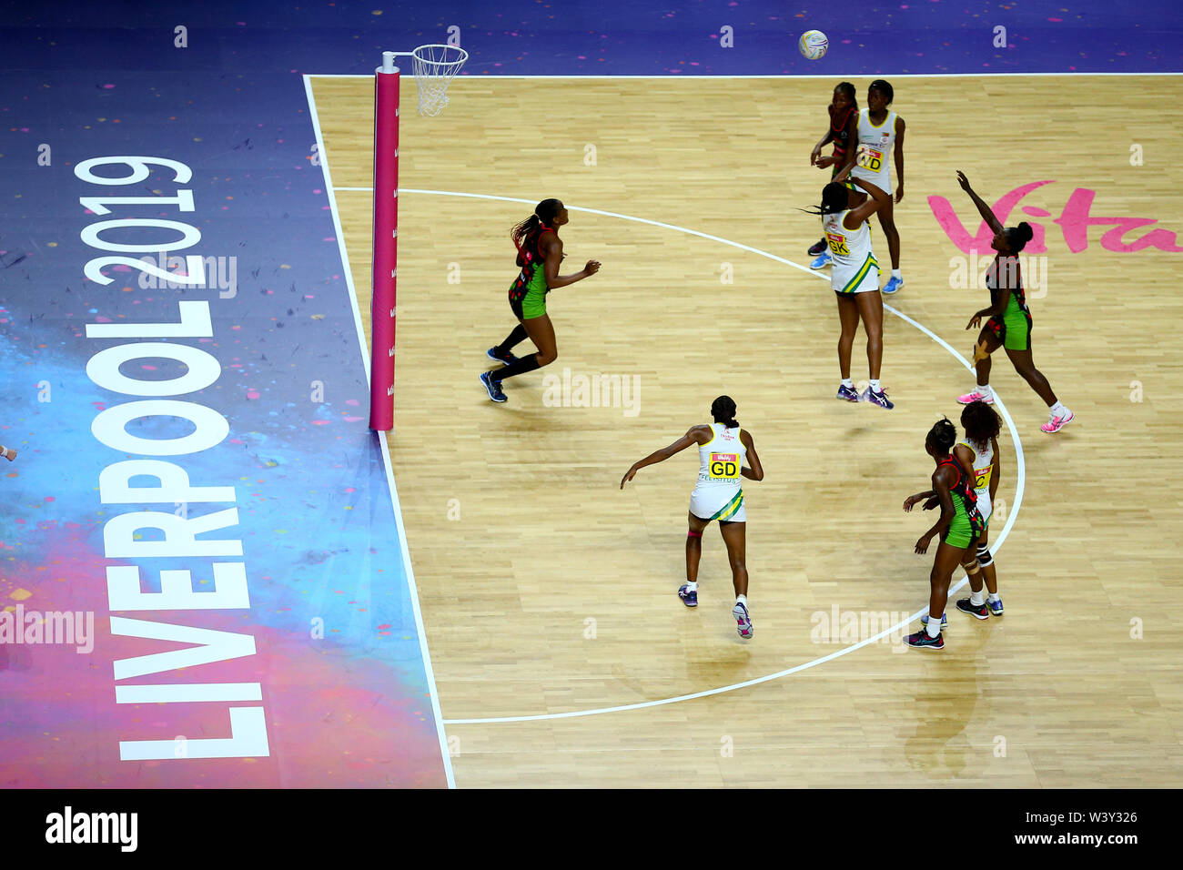 General view of match action between Zimbabwe and Malawi during the netball World Cup match at the M&S Bank Arena, Liverpool. Stock Photo