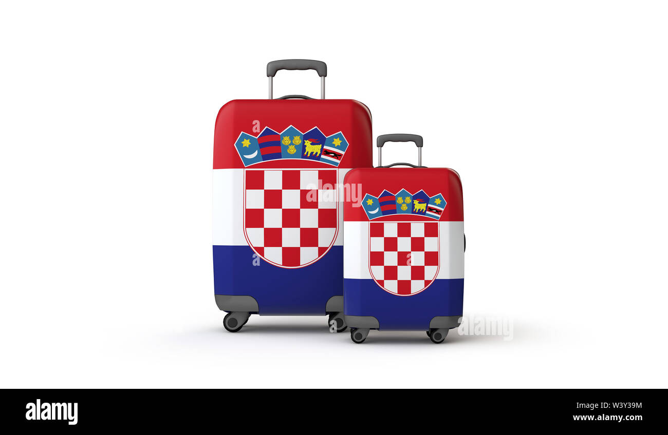 Croatia flag holiday destination travel suitcases isolated on white. 3D Render Stock Photo