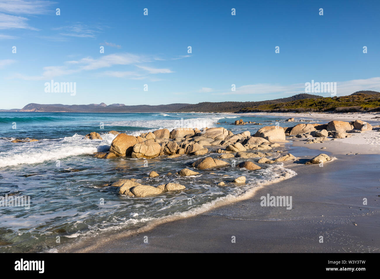Freindly beaches in Freycinet national park on the east coast of Tasmania on a winters day with blue skies,Australia Stock Photo