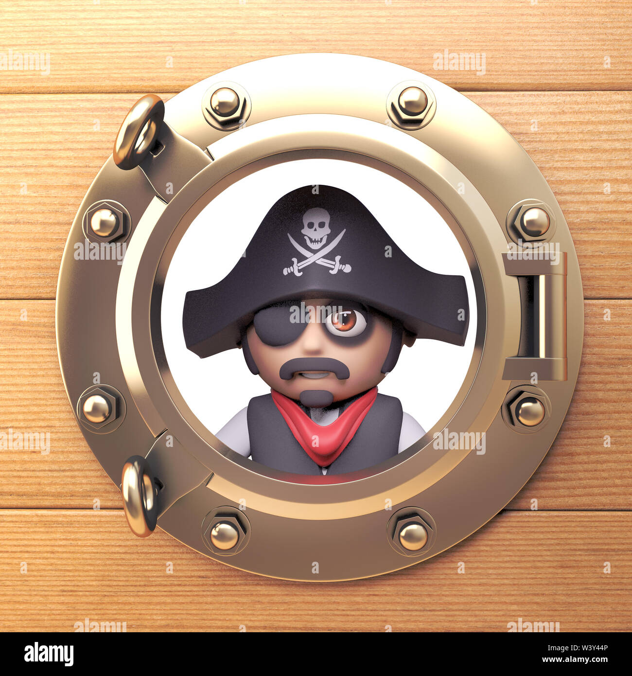 Pirate sea captain with eyepatch and skull and crossbones hat looks out ...