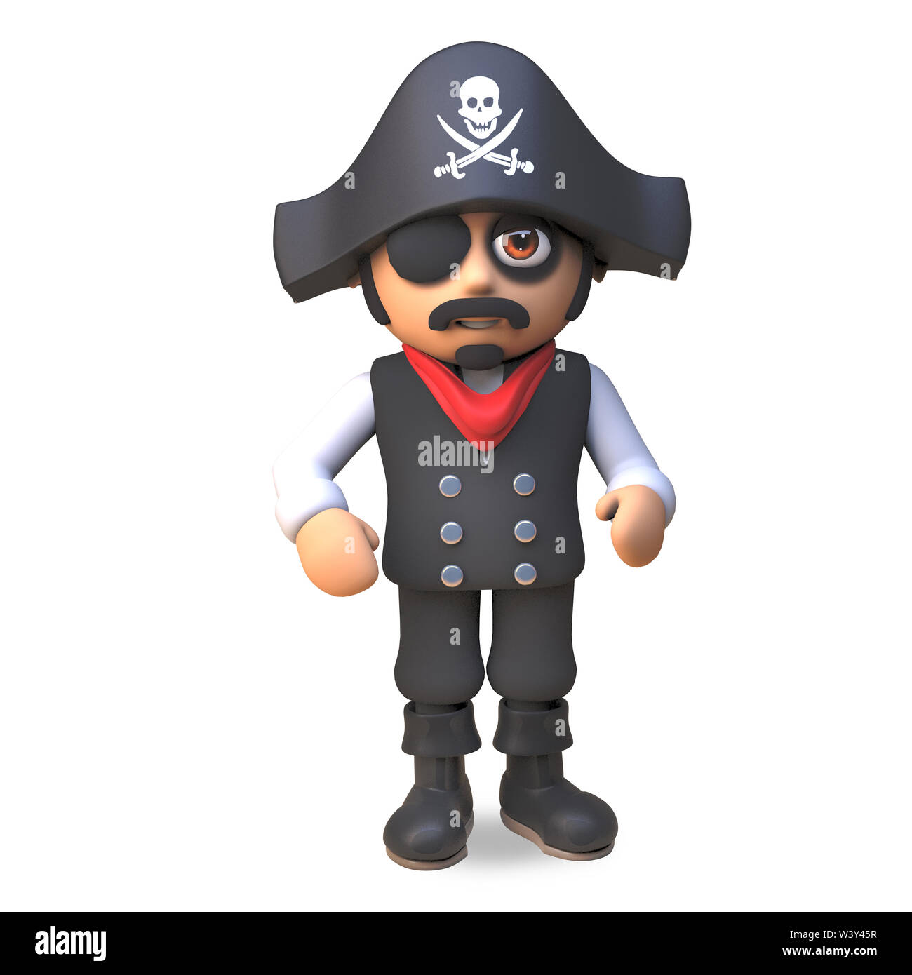 Pirate sea captain in skull and crossbones hat and eyepatch stands ...