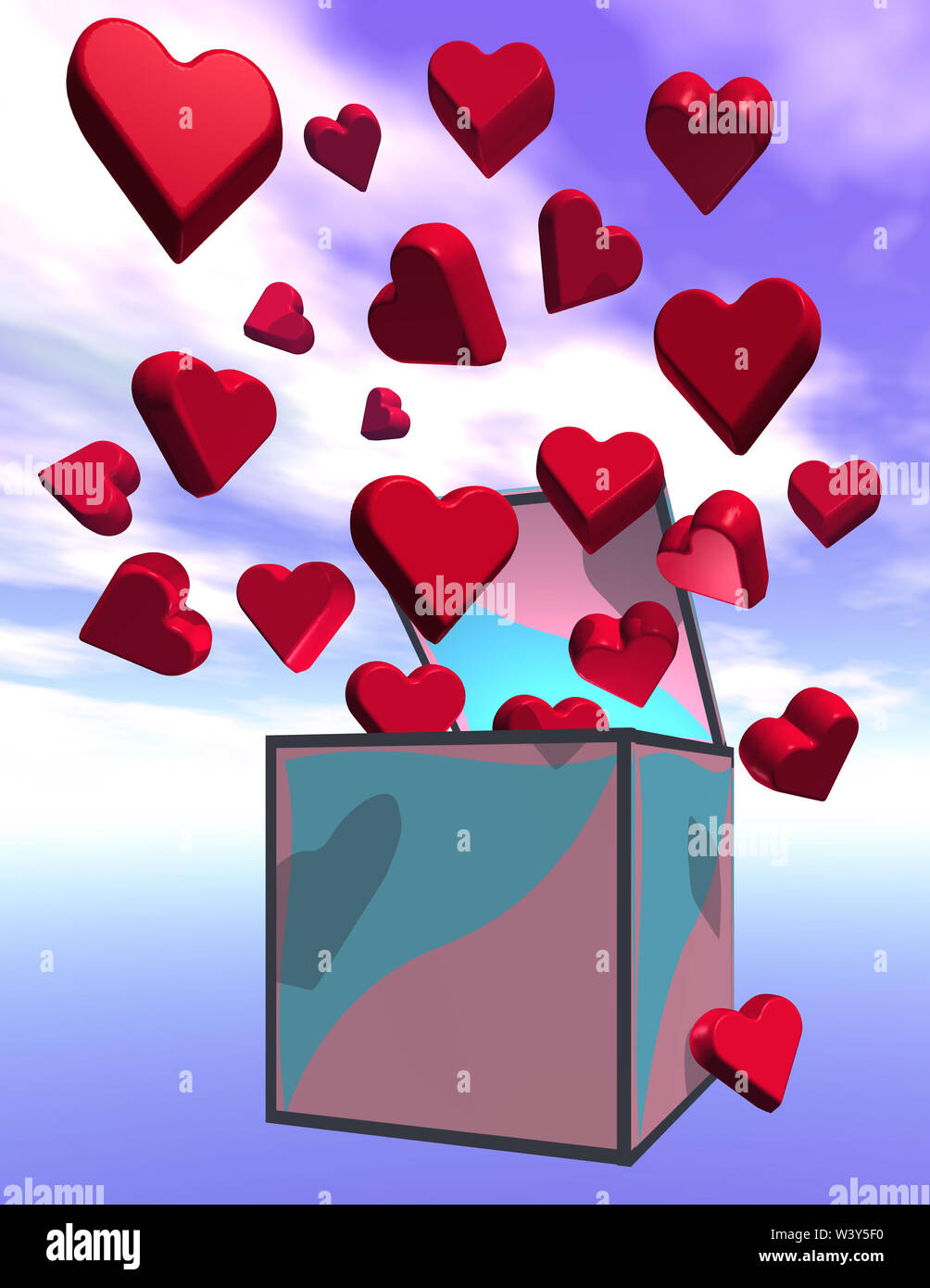 Red hearts with sky background flying out of a gift box Stock Photo - Alamy