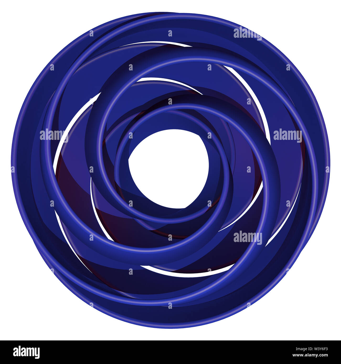 Blue 3d illustration of interwoven circular bands forming a whirling pattern. On a white background. Stock Photo