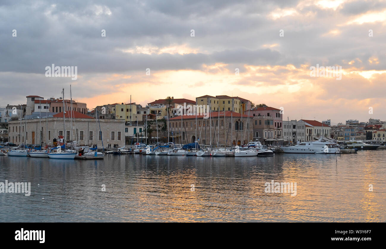 Chania Old Town Harbour View at Sunset Stock Photo