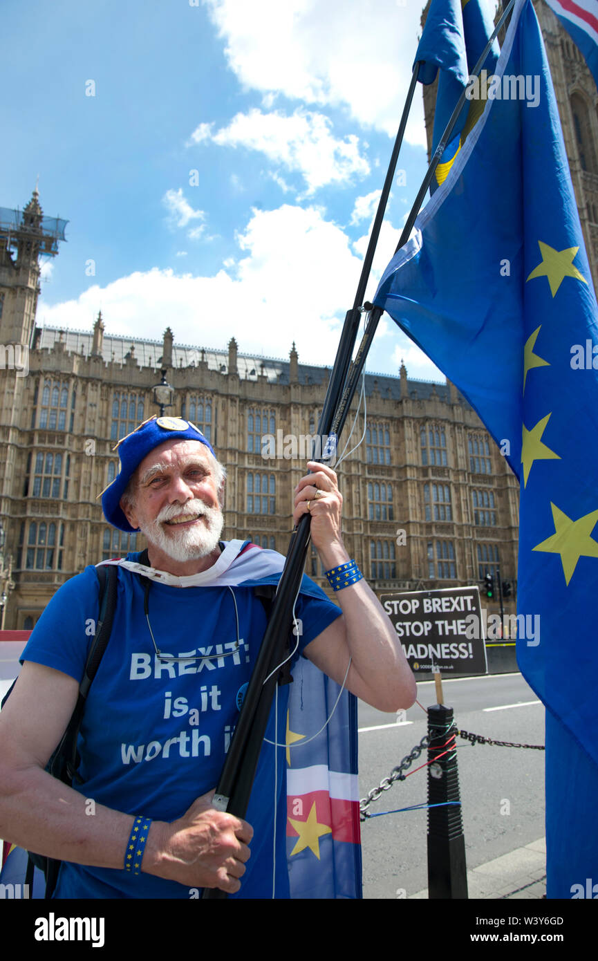 Westminster, Parliament Square. Remain protester with EU flag and a blue t shirt with the words 'Brexit, is it worth it ?' Stock Photo