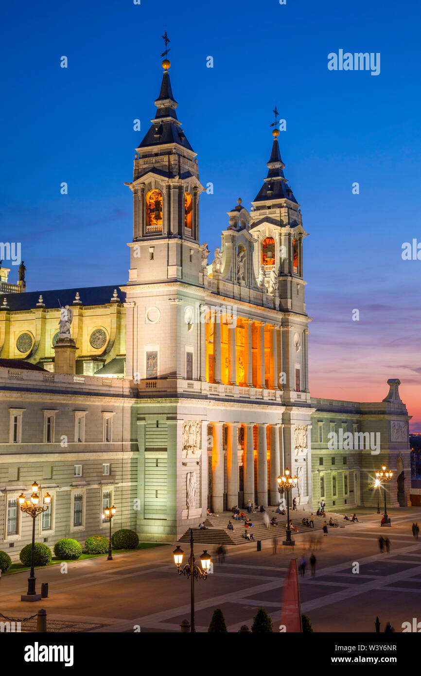 Exterior of Almudena Cathedral at Sunset, Madrid, Spain Stock Photo