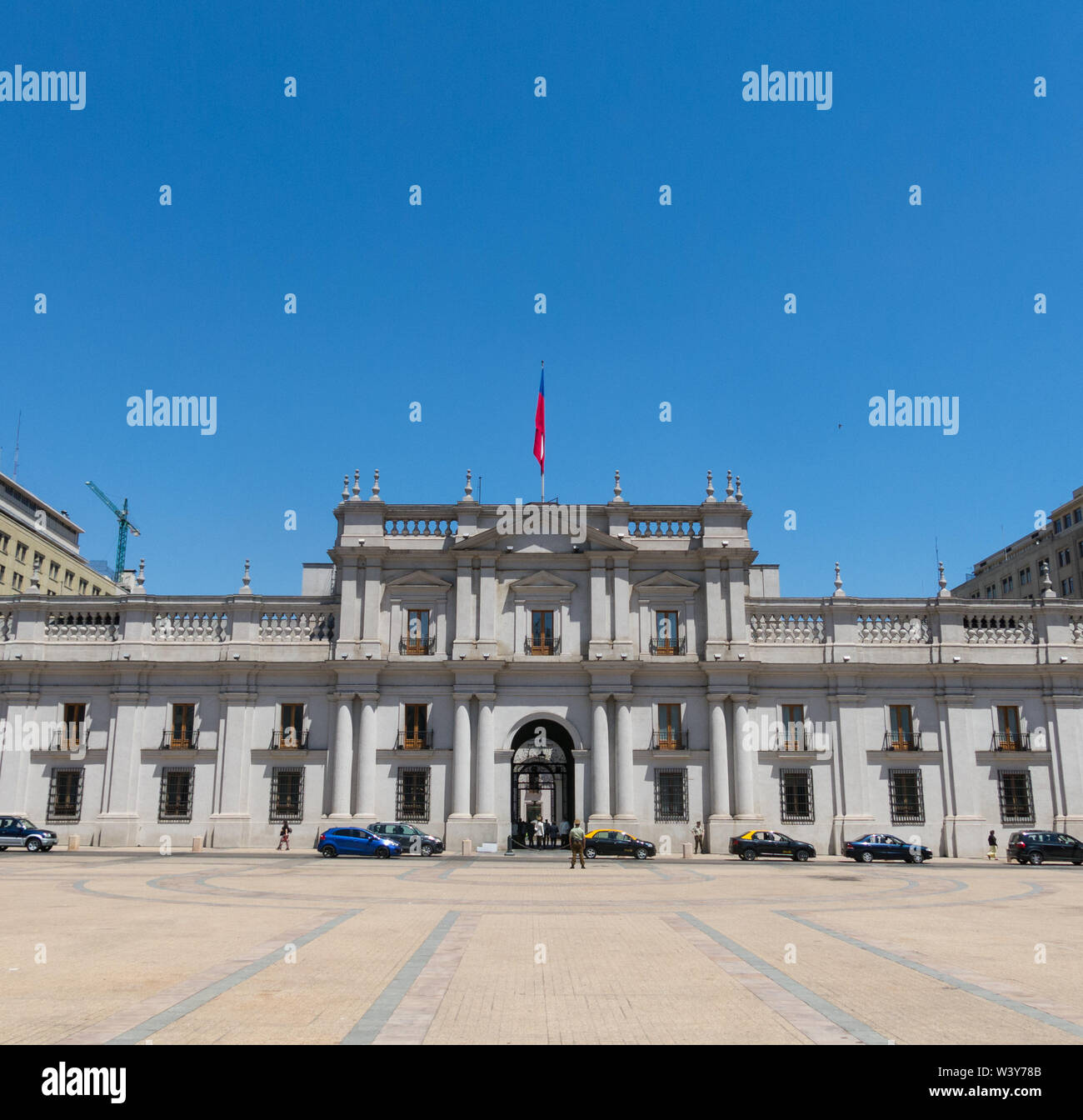 SANTIAGO DE CHILE, CHILE - JANUARY 26, 2018: View of the presidential palace, known as La Moneda, in Santiago, Chile. This palace was bombed in the co Stock Photo