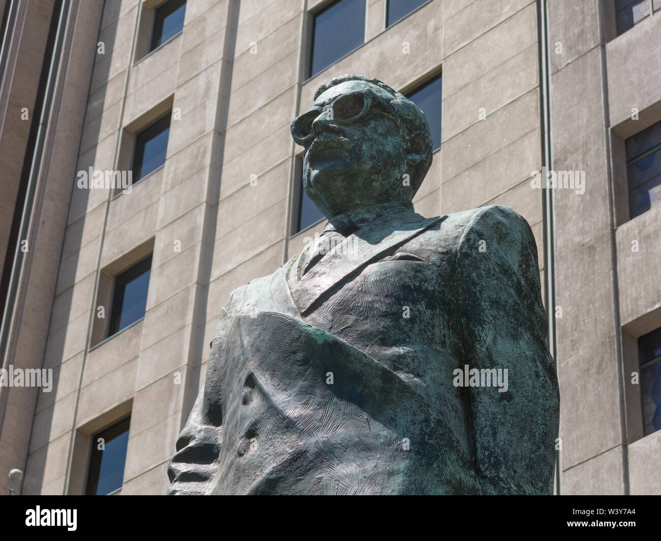 Detail of onument to Chilean statesman and political figure. Salvador Allende Gossens in Santiago de Chile. He died during the bombing in the coup of Stock Photo