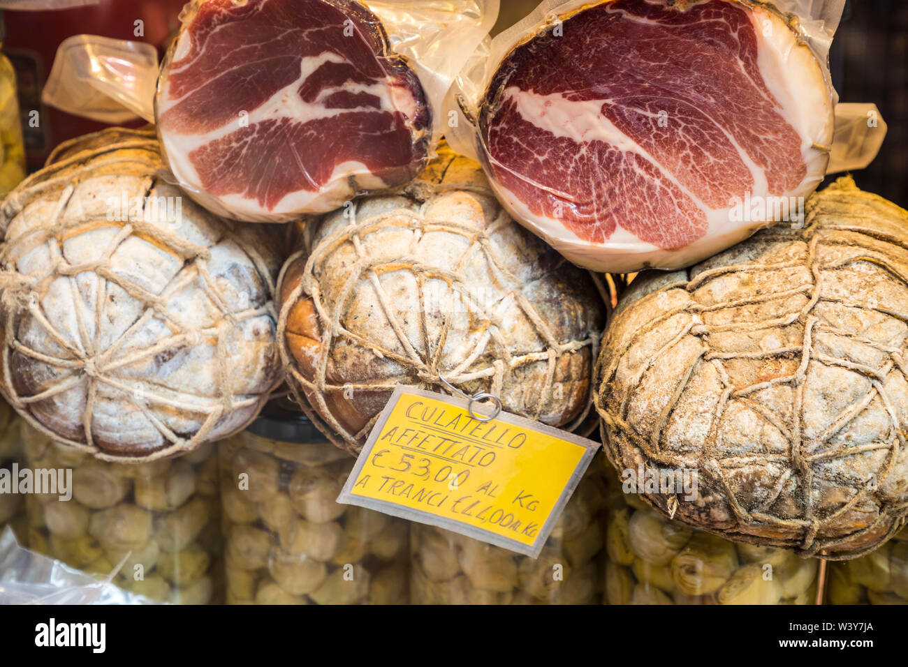Parma hams, Bologna, Emilia-Romagna, Italy Stock Photo
