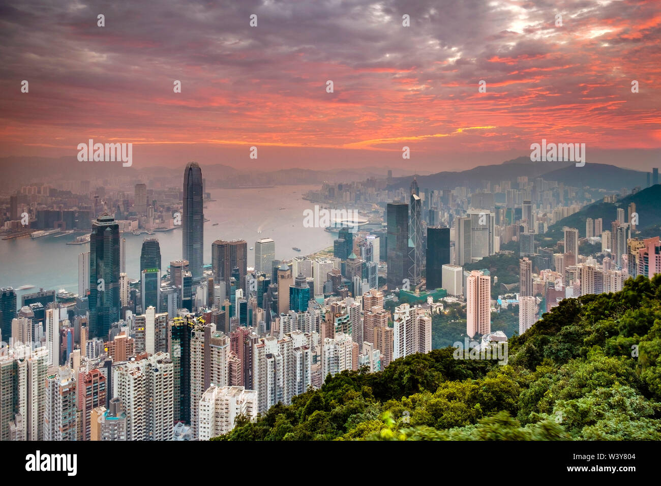 Hong Kong skyline at sunrise from Lugard Road on Victoria Peak, Hong