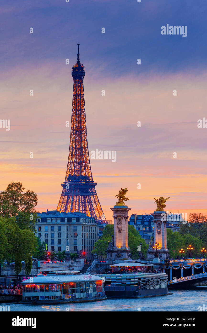 France, Paris, Eiffel Tower illuminated at night and river Seine Stock ...