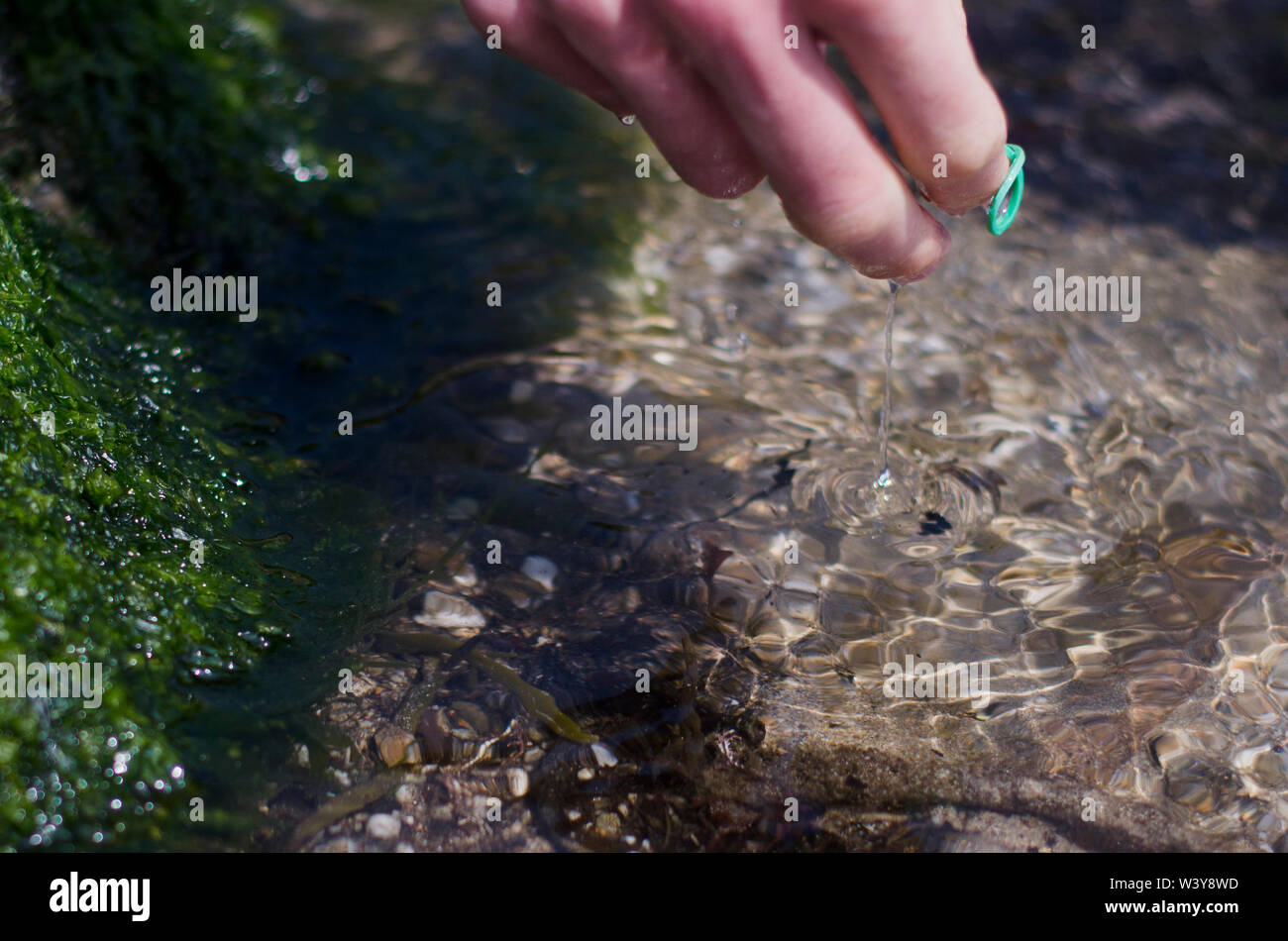 Hand Taking Rubber Band out of Rockpool Stock Photo