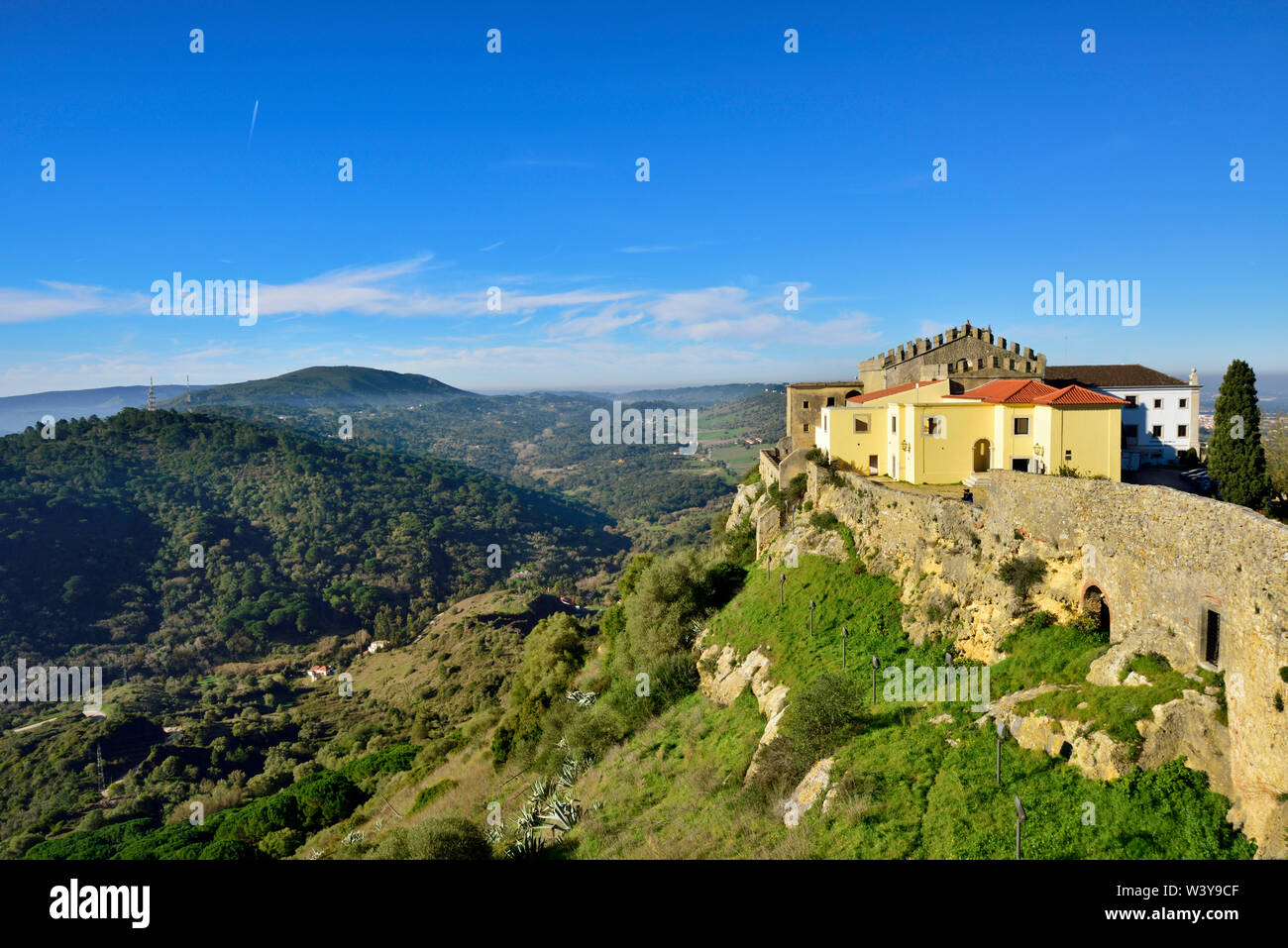 The 12th century castle of Palmela and the Pousada (Hotel) with wide views to the Arrabida Nature Park. Portugal Stock Photo