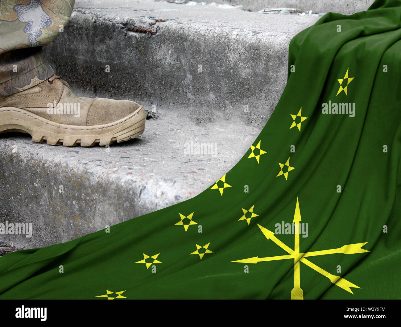 Military concept on the background of the flag of Adygea Stock Photo