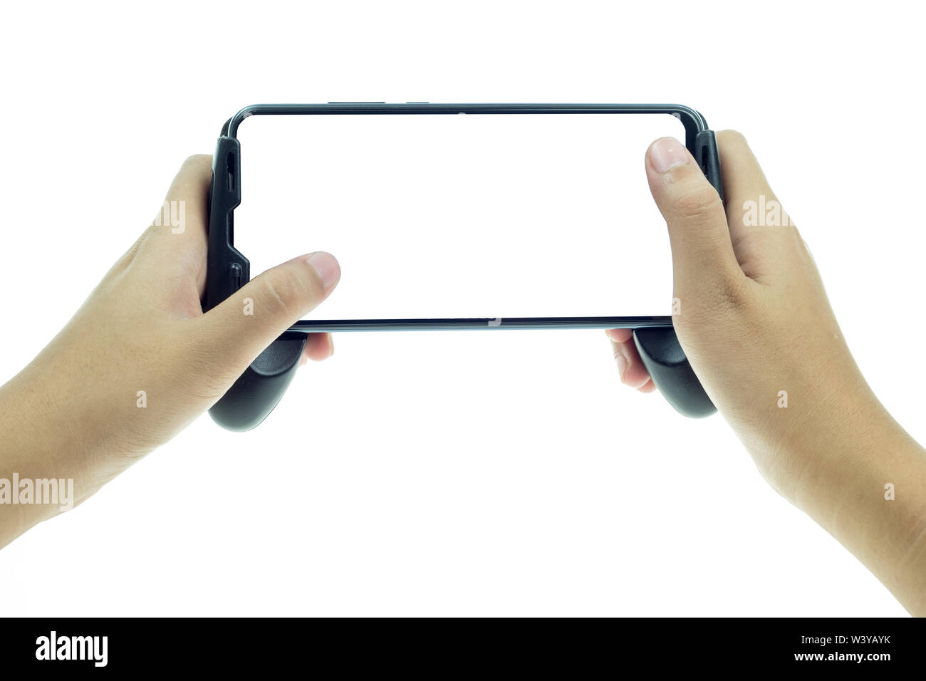 Close-up of a person's hand holding mobile phone with blank screen on ...