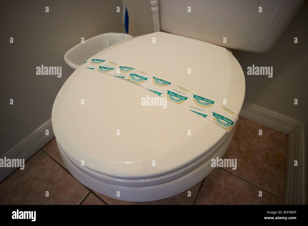 sanitary seal on a toilet in a holiday rental property in the us Stock Photo