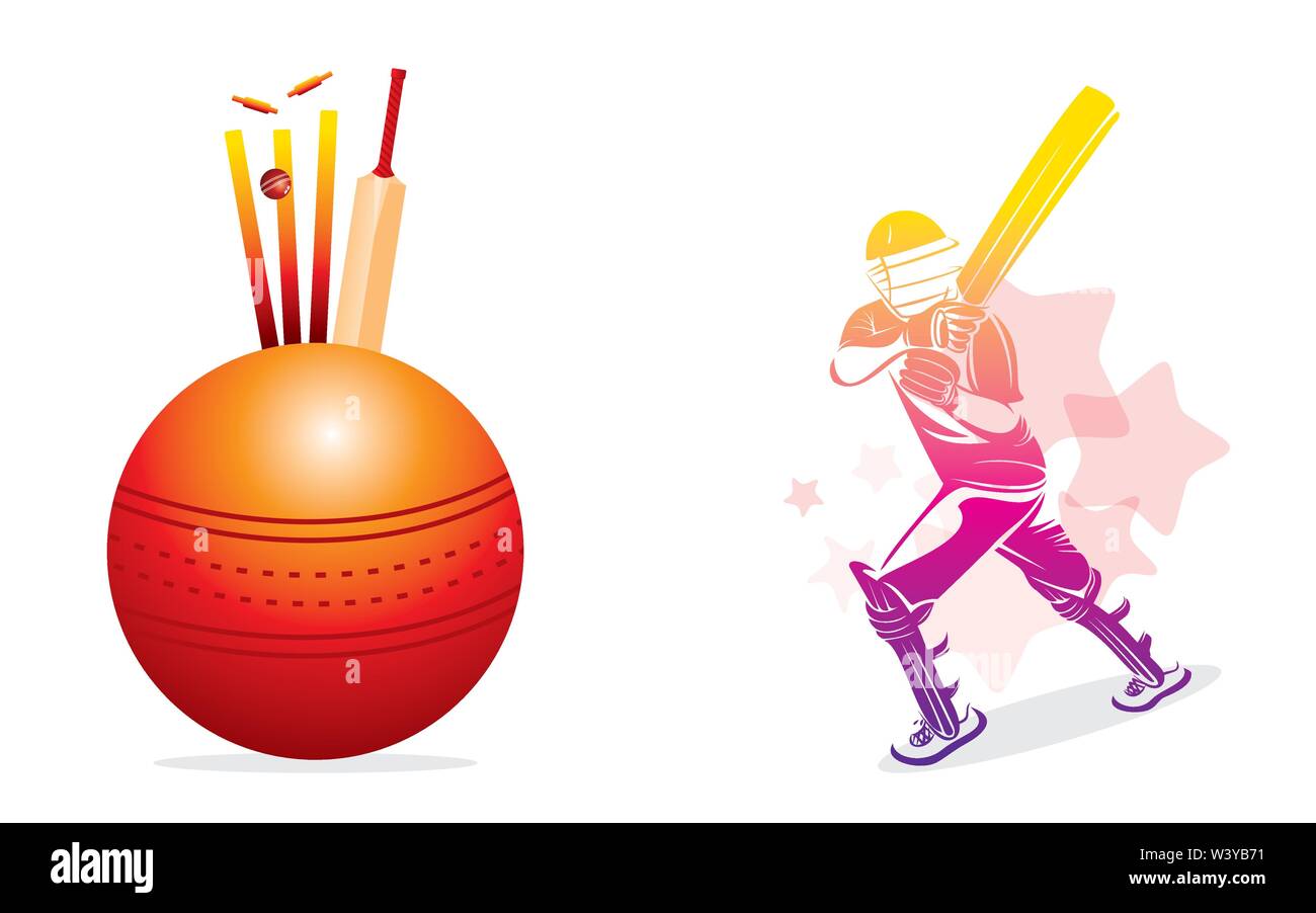 cricket player hitting big shot poster design, write your comment or advertise text place on big ball Stock Vector