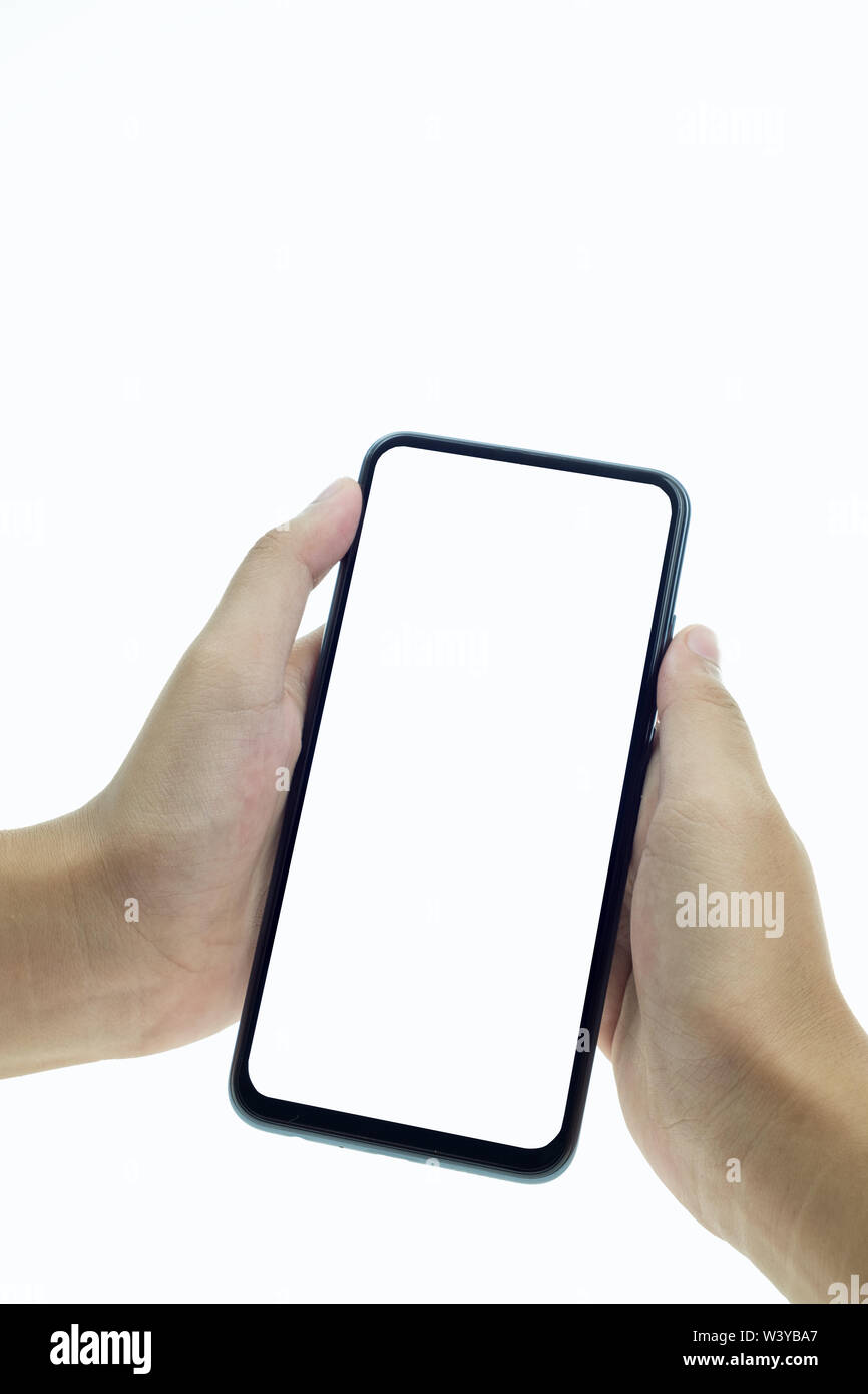 Close-up of a person's hand holding mobile phone with blank screen on ...