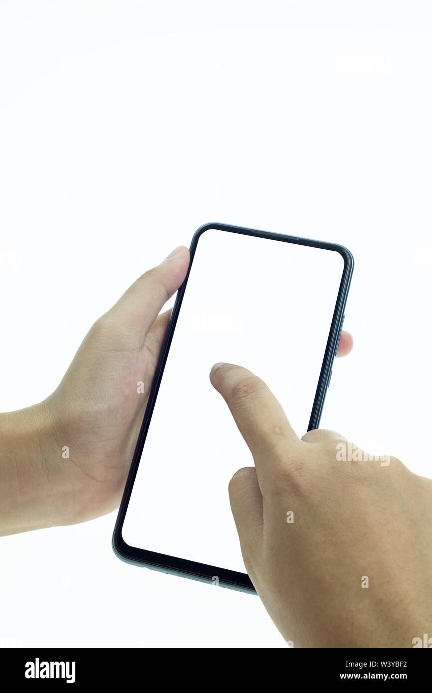 Close-up of a person's hand holding mobile phone with blank screen on ...