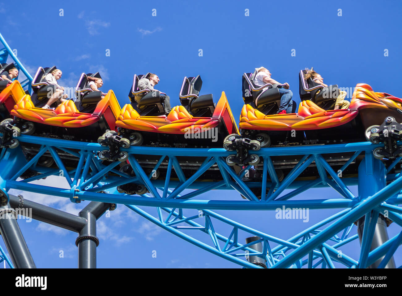 Helsinki, Finland - June 23. 2019 - People riding the Linnanmaki Amusement Parks new (opened June 18. 2019) roller coaster Taiga Stock Photo