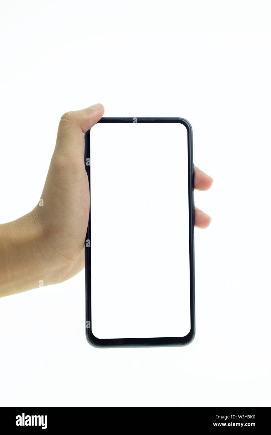 Close-up of a person's hand holding mobile phone with blank screen on ...