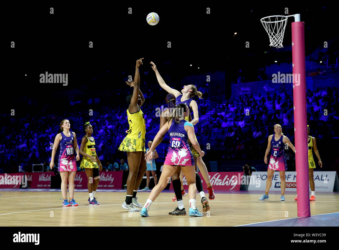 A general view of match action between Jamaica and Scotland during the Netball World Cup match at the M&S Bank Arena, Liverpool. Stock Photo