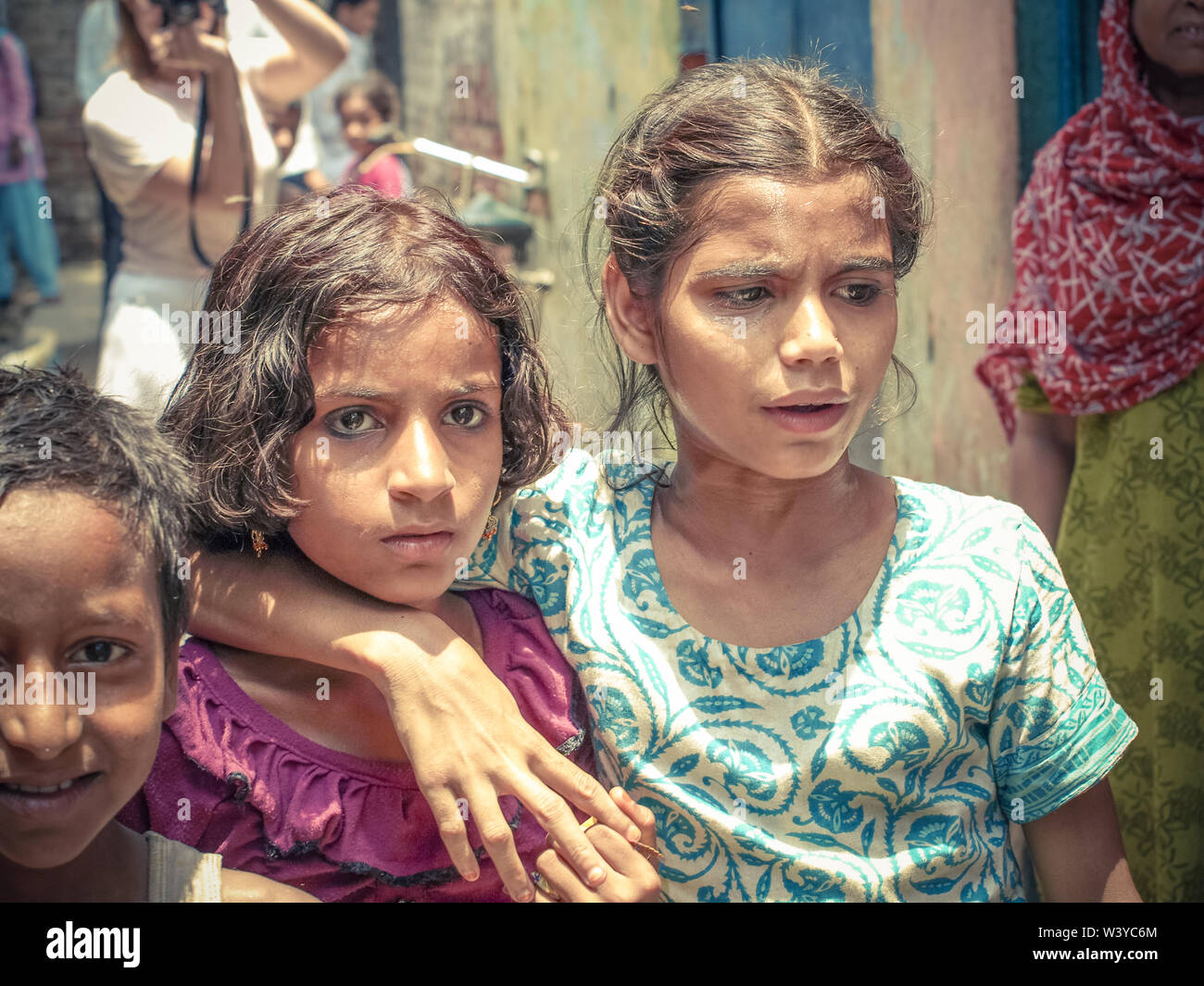 Amroha, Utter Pradesh, INDIA - 2011: Unidentified poor people living in slum - smiling children Stock Photo