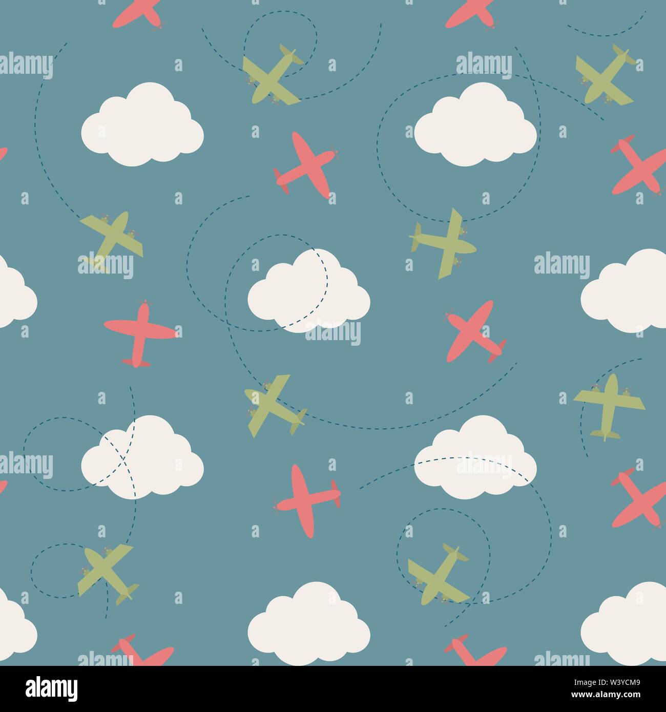 Vector seamless pattern with clouds and planes Stock Vector