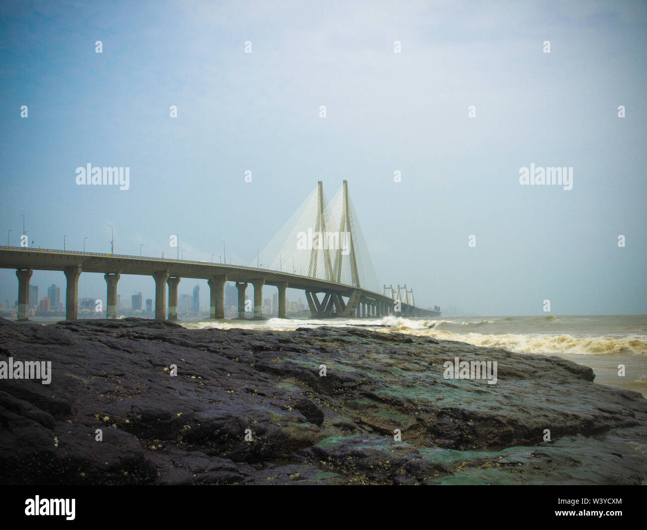 The Bandra-Worli Sea Link, officially called Rajiv Gandhi Sea Link, is a cable-stayed bridge that links Bandra in the Western Suburbs of Mumbai with W Stock Photo