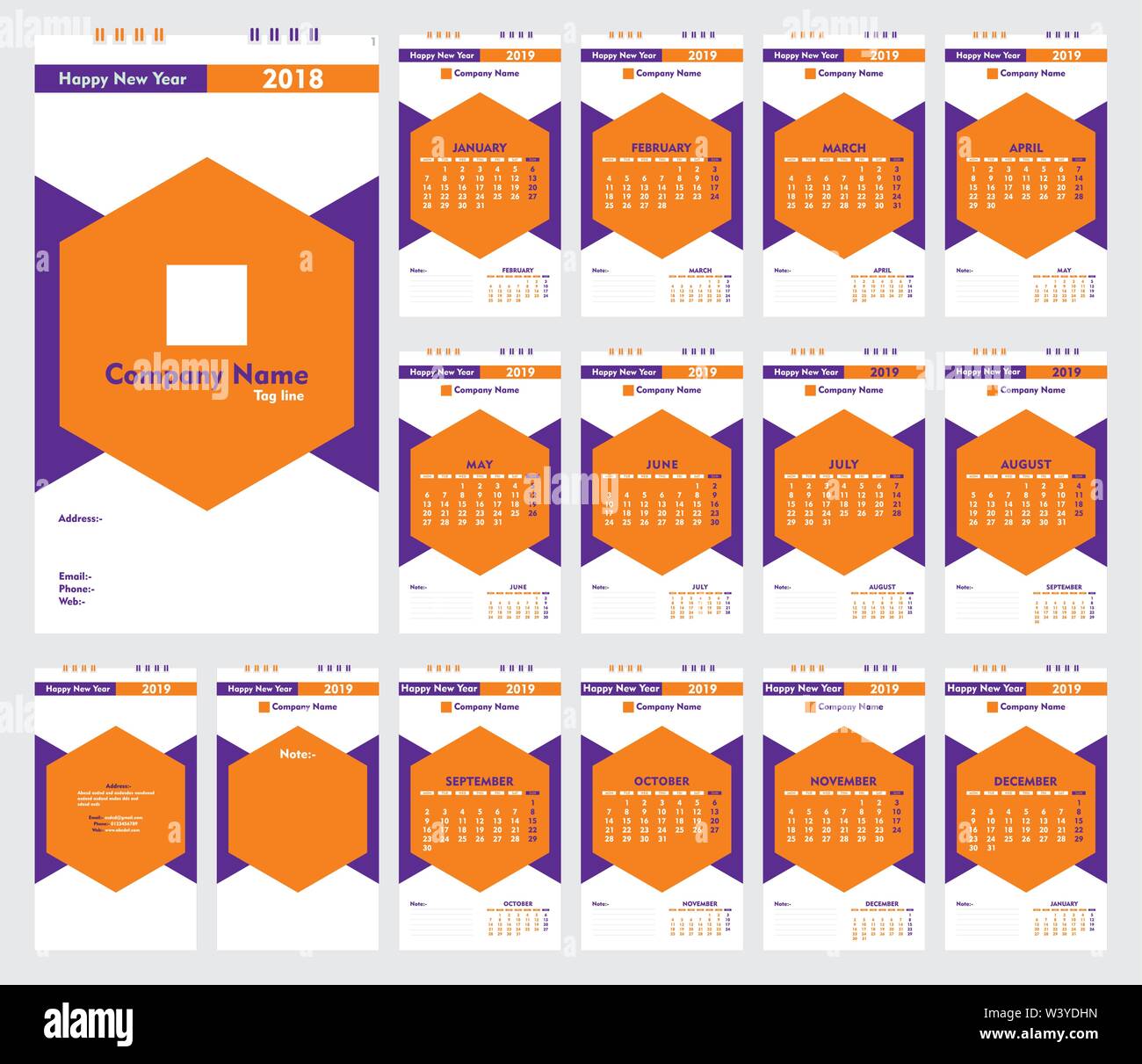 colorful hexagonal shape new year calender 2019 design Stock Vector