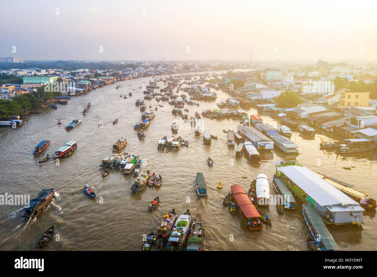 Aerial view of Cai Rang floating market, Mekong delta, Can Tho, Vietnam. Same Damnoen Saduak of Thailand and Martapura of Indonesia. Stock Photo