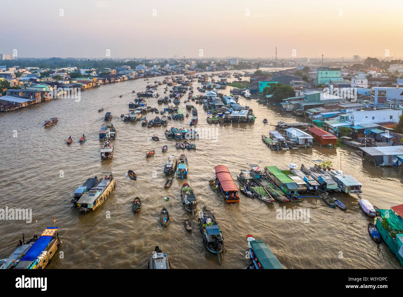 Aerial view of Cai Rang floating market, Mekong delta, Can Tho, Vietnam. Same Damnoen Saduak of Thailand and Martapura of Indonesia. Stock Photo
