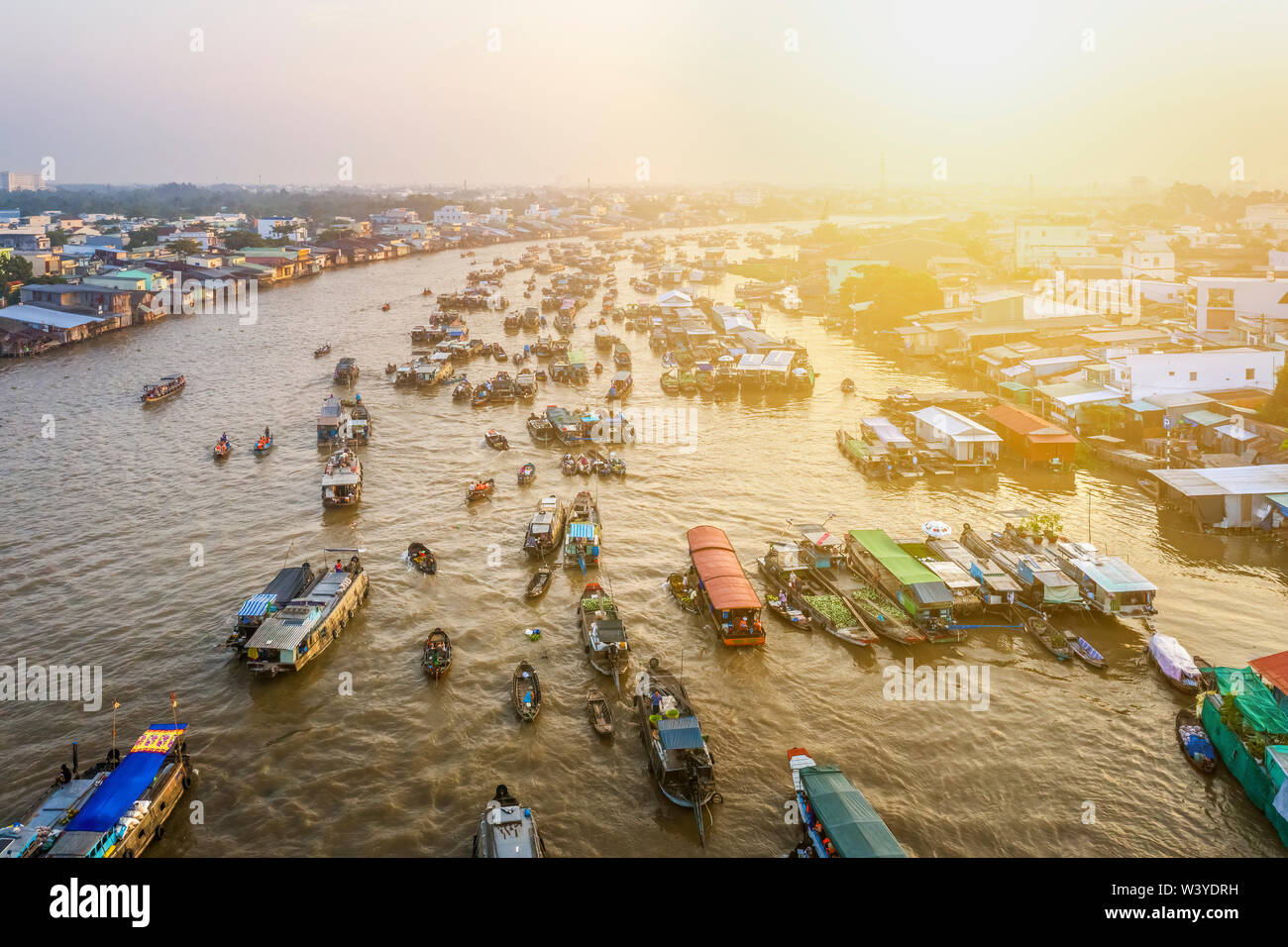 Aerial view of Cai Rang floating market, Mekong delta, Can Tho, Vietnam. Same Damnoen Saduak of Thailand and Martapura of Indonesia. Stock Photo