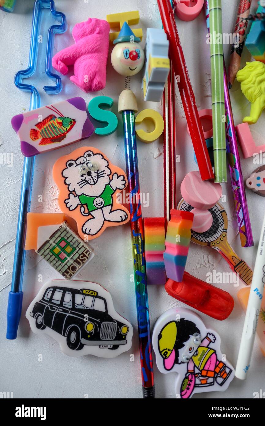 background, fun pencils and erasers for kids Stock Photo Alamy