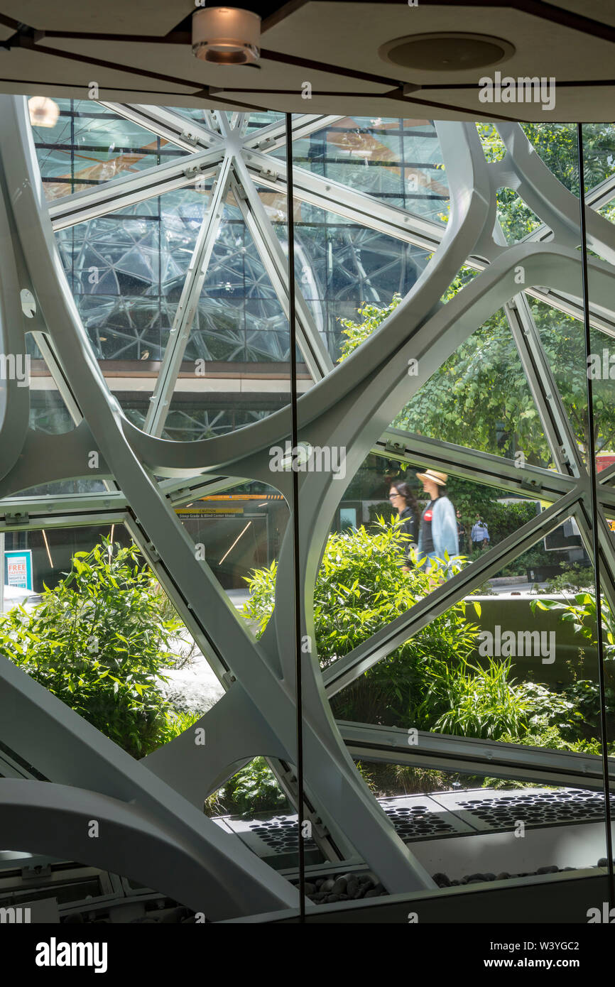 view from Understory exhibition area, The Amazon Spheres, Amazon headquarters campus, Seattle, Washington, United States of America Stock Photo