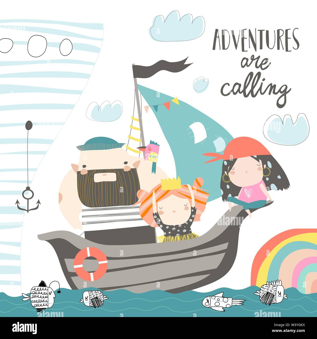 Cute dad and kids sailing at their ship Stock Vector Image & Art - Alamy