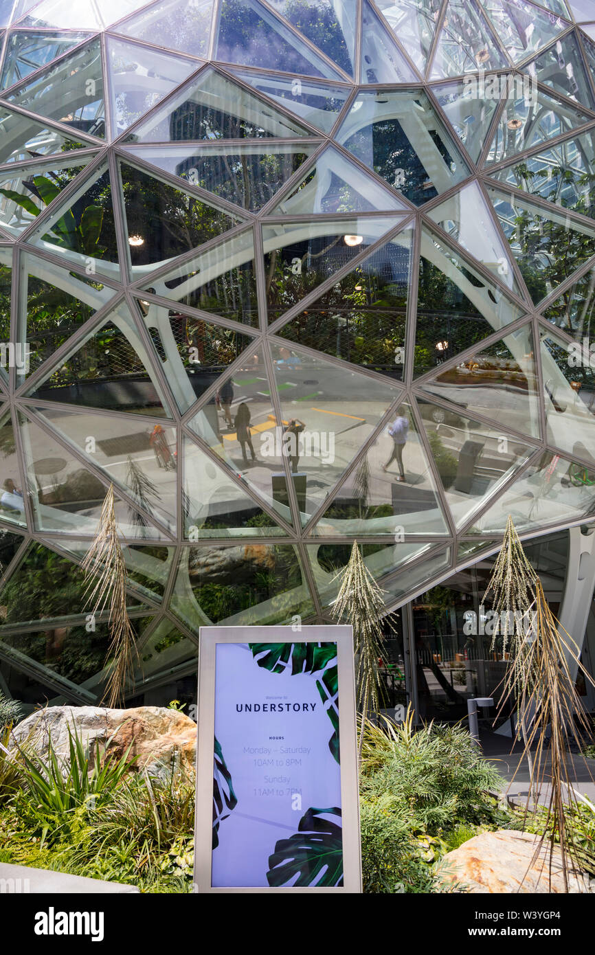 entrance to Understory exhibition area, The Amazon Spheres, Amazon headquarters campus, Seattle, Washington, United States of America Stock Photo